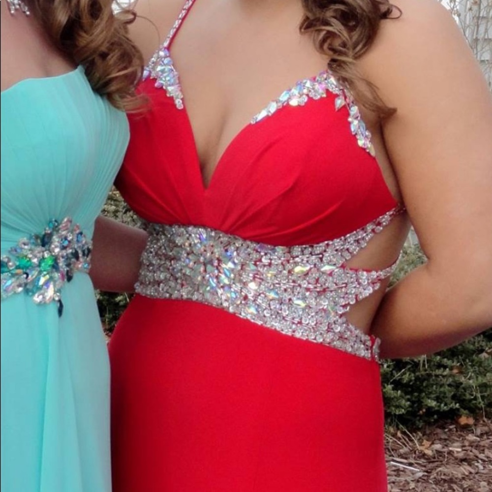 Red floor length prom dress